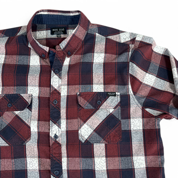Marc Ecko Shirt Adult EXTRA LARGE Burgundy Blue Cut & Sew Plaid Pockets - Picture 2 of 11